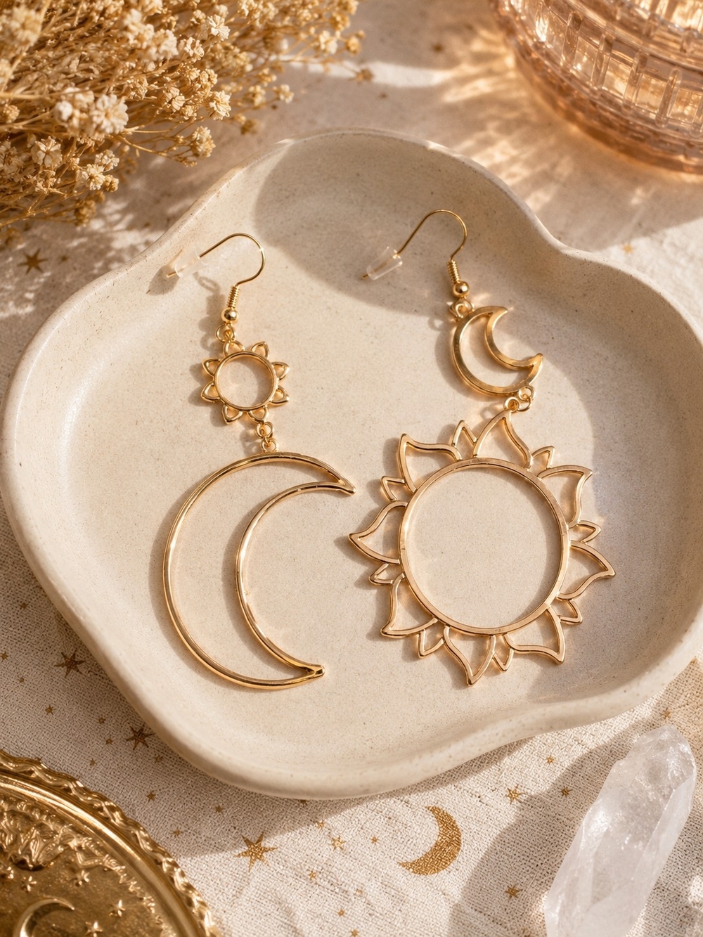 Gold Sun & Moon Celestial Dangle Earrings -  New